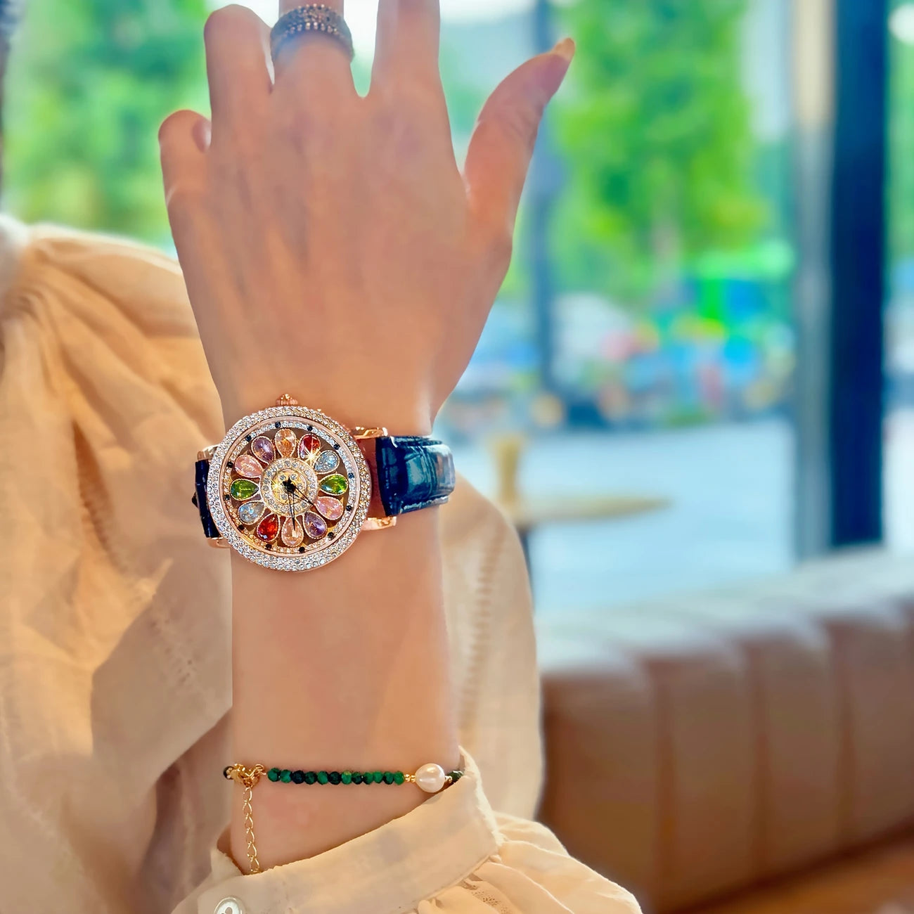 Fashionable Quartz Wrist Watch for Women with Colorful Rhinestone Embellishments, Rotating Dial, Alloy Case, and Durable PU Leather Strap