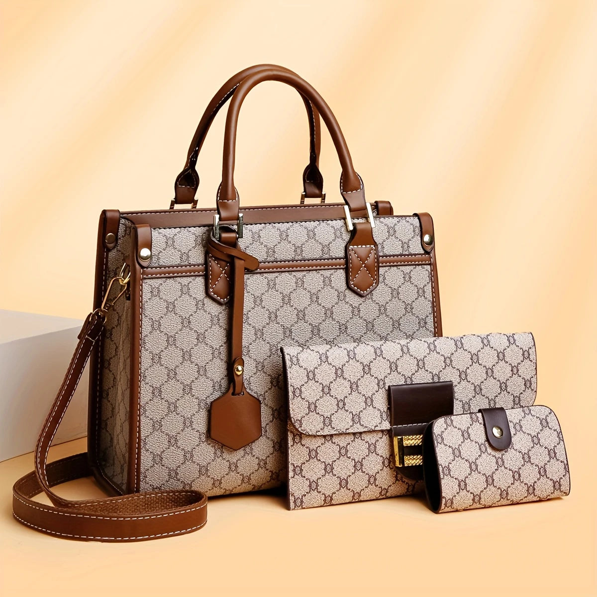 Women's Fashion Elegant Tote Bag Set with Clutch and Card Holder, Geometric Pattern, Faux Leather, Zippered Closure, Polyester Lined, Random Print, Edge Painted - Occasion Ready