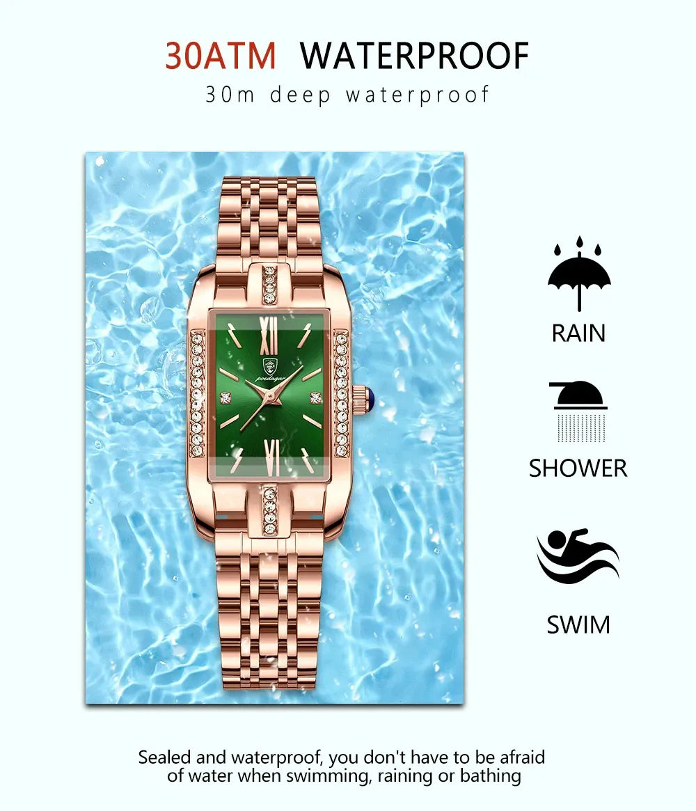 POEDAGAR brand fashionable luxury diamond square stainless steel waterproof quartz women's watch