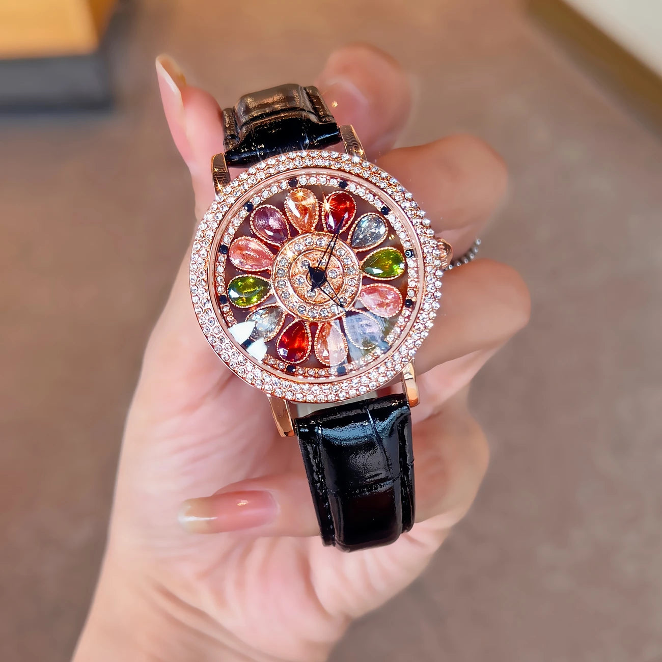 Fashionable Quartz Wrist Watch for Women with Colorful Rhinestone Embellishments, Rotating Dial, Alloy Case, and Durable PU Leather Strap