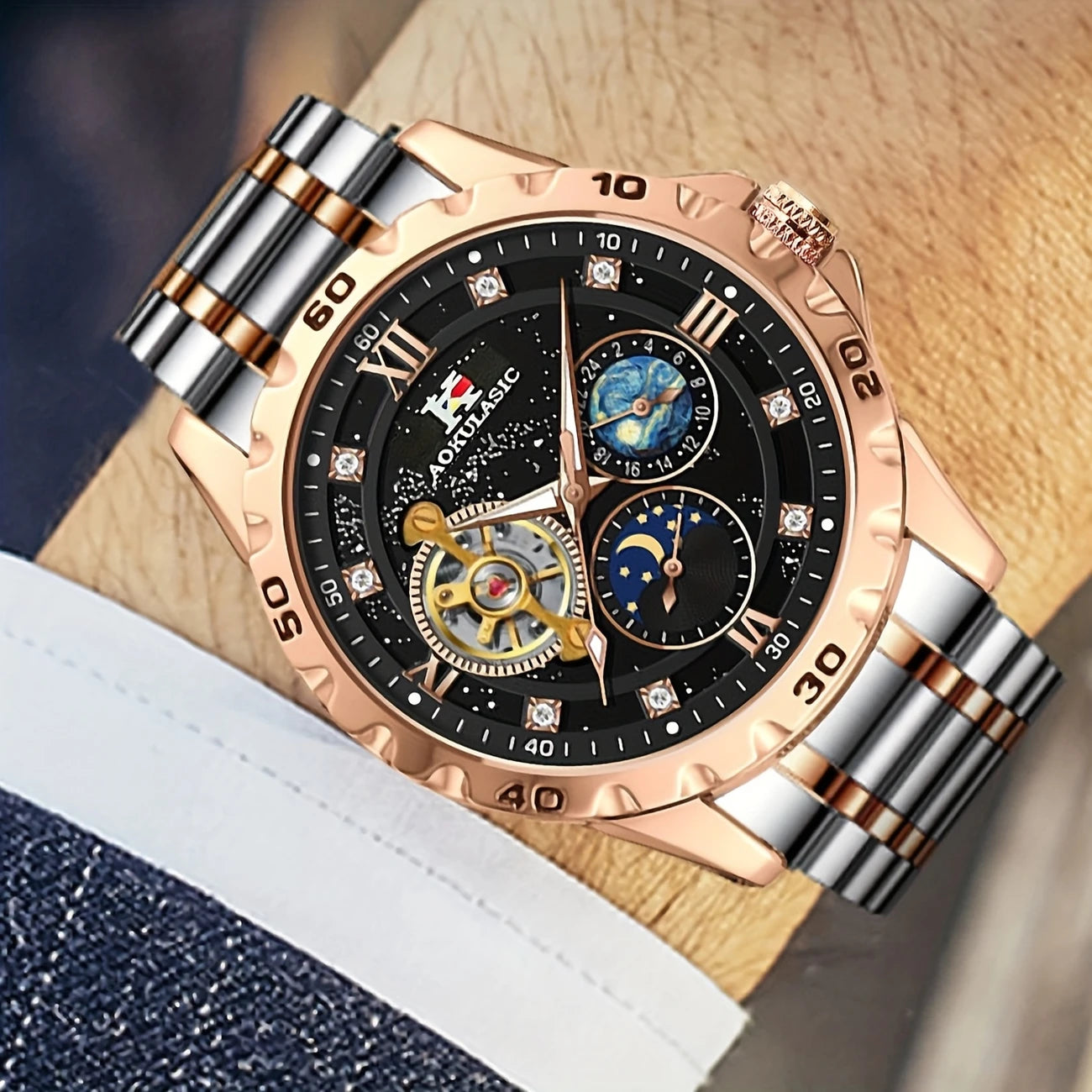 1pc Men's Luxury Automatic Mechanical Watch with Rose Golden Case, Starry Sky Luminous Dial & Stainless Steel Strap