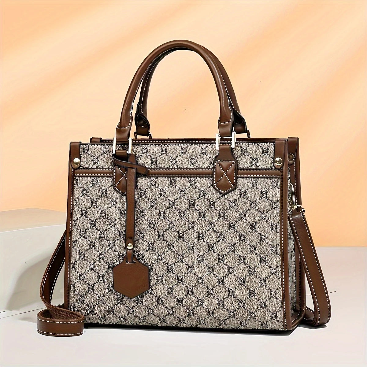 Women's Fashion Elegant Tote Bag Set with Clutch and Card Holder, Geometric Pattern, Faux Leather, Zippered Closure, Polyester Lined, Random Print, Edge Painted - Occasion Ready