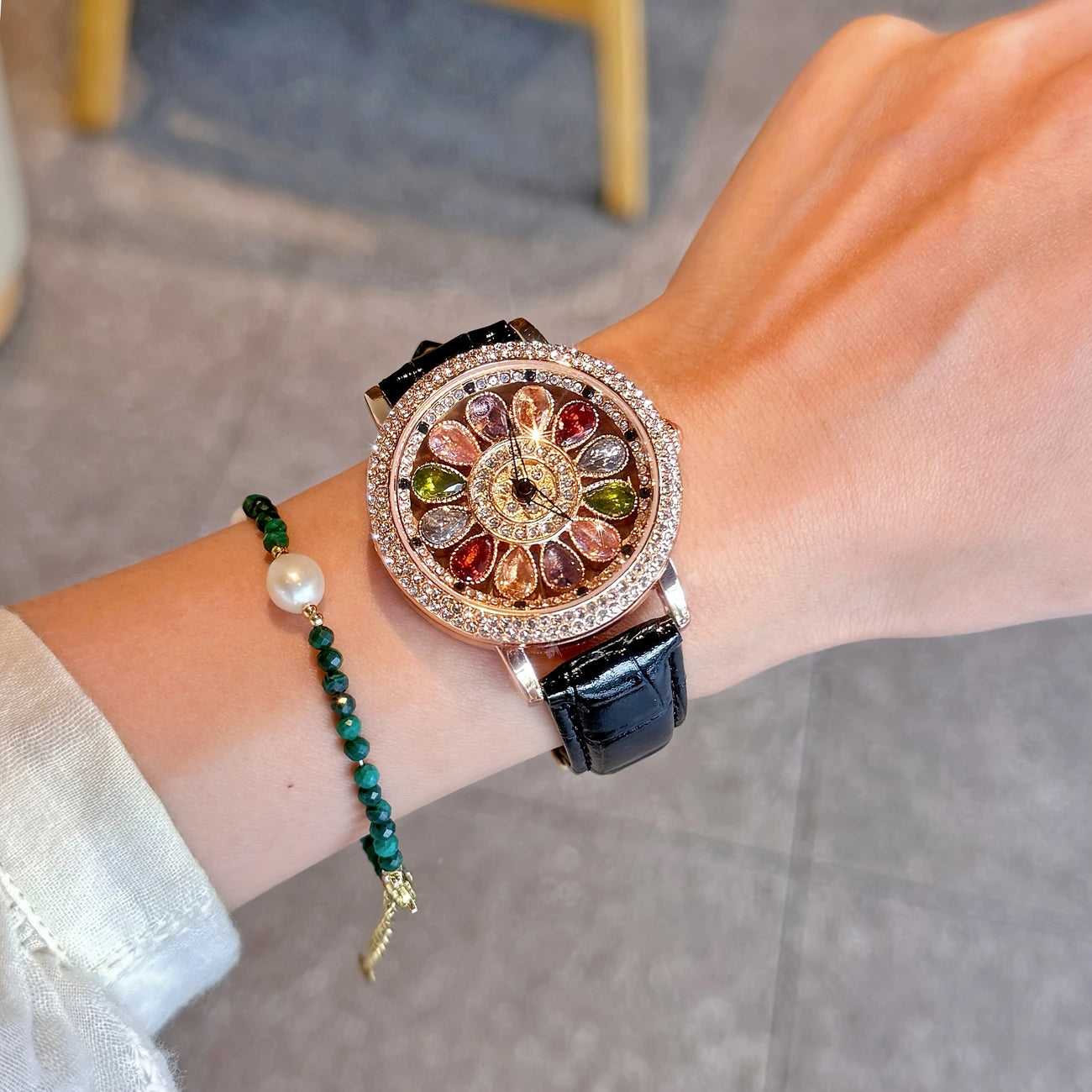 Fashionable Quartz Wrist Watch for Women with Colorful Rhinestone Embellishments, Rotating Dial, Alloy Case, and Durable PU Leather Strap