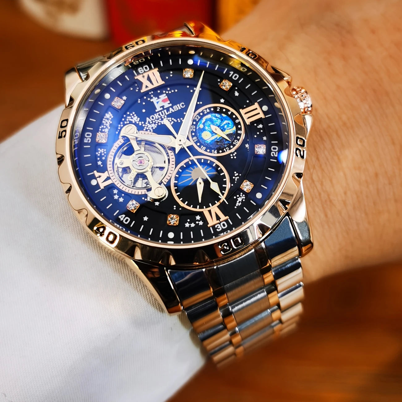 1pc Men's Luxury Automatic Mechanical Watch with Rose Golden Case, Starry Sky Luminous Dial & Stainless Steel Strap