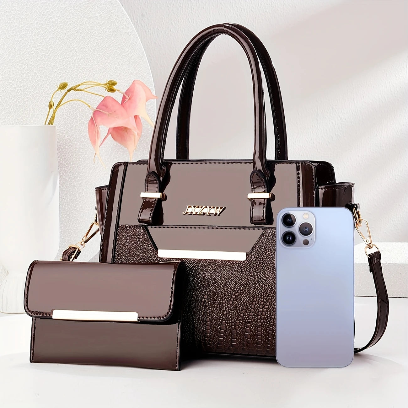 2pcs Set Large Capacity Fashionable Women’s Handbags – Solid Color Tote with Zipper Closure, Polyester Lined, Painted Edges – Versatile for Casual and Commute Use – Available in Red, Black, Earthy Yellow, Coffee, Dark Brown