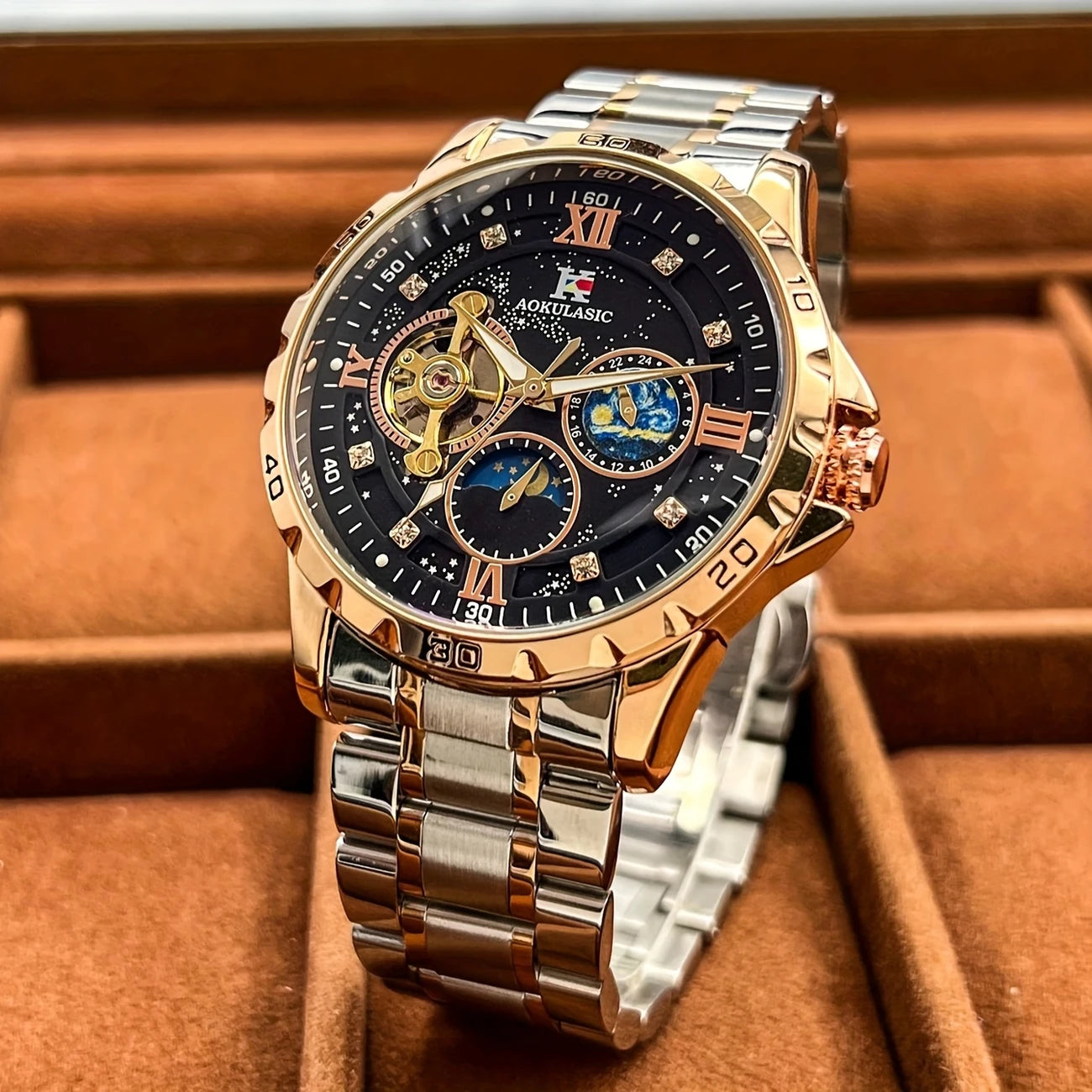 1pc Men's Luxury Automatic Mechanical Watch with Rose Golden Case, Starry Sky Luminous Dial & Stainless Steel Strap