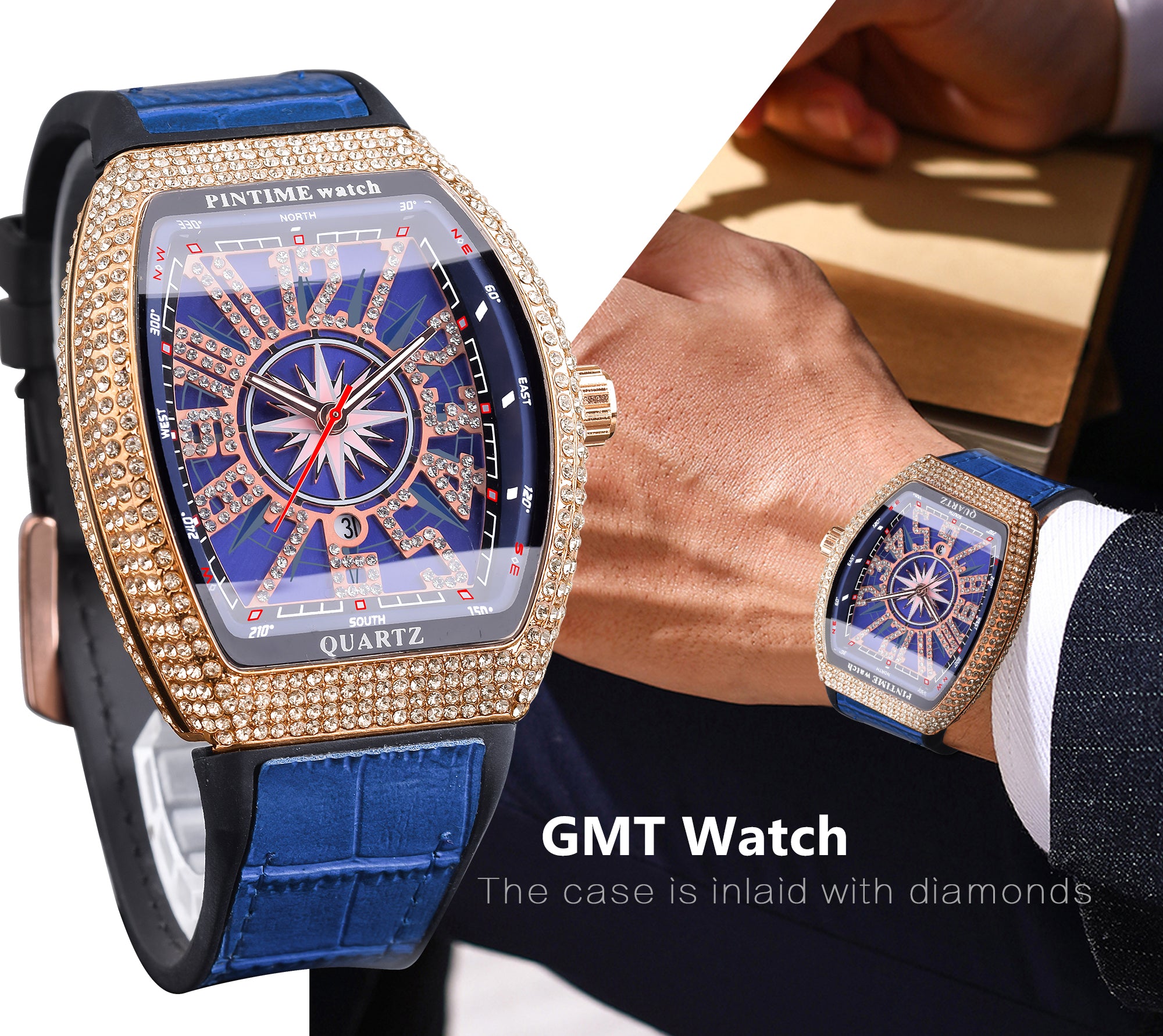 Pintime brand fashion business luxury waterproof quartz calendar quartz men's watch