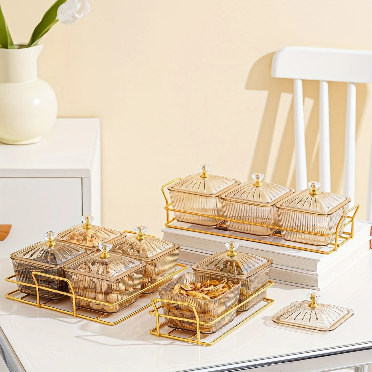 Luxurious Amber Golden-Trimmed Snack Serving Set - 30.48cm Plastic Dried Fruit & Nut Bowls for Weddings, Birthdays, Graduations, and Festivals, Beaded Decorations, Small Food Dishes