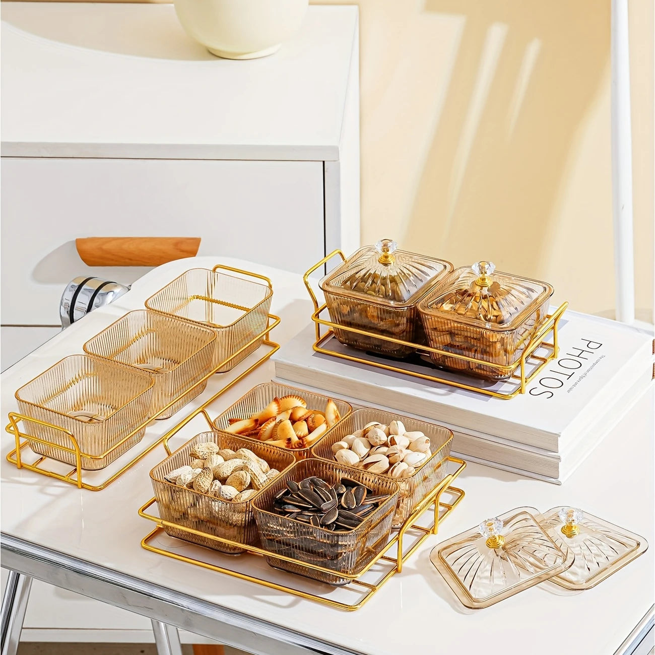 Luxurious Amber Golden-Trimmed Snack Serving Set - 30.48cm Plastic Dried Fruit & Nut Bowls for Weddings, Birthdays, Graduations, and Festivals, Beaded Decorations, Small Food Dishes