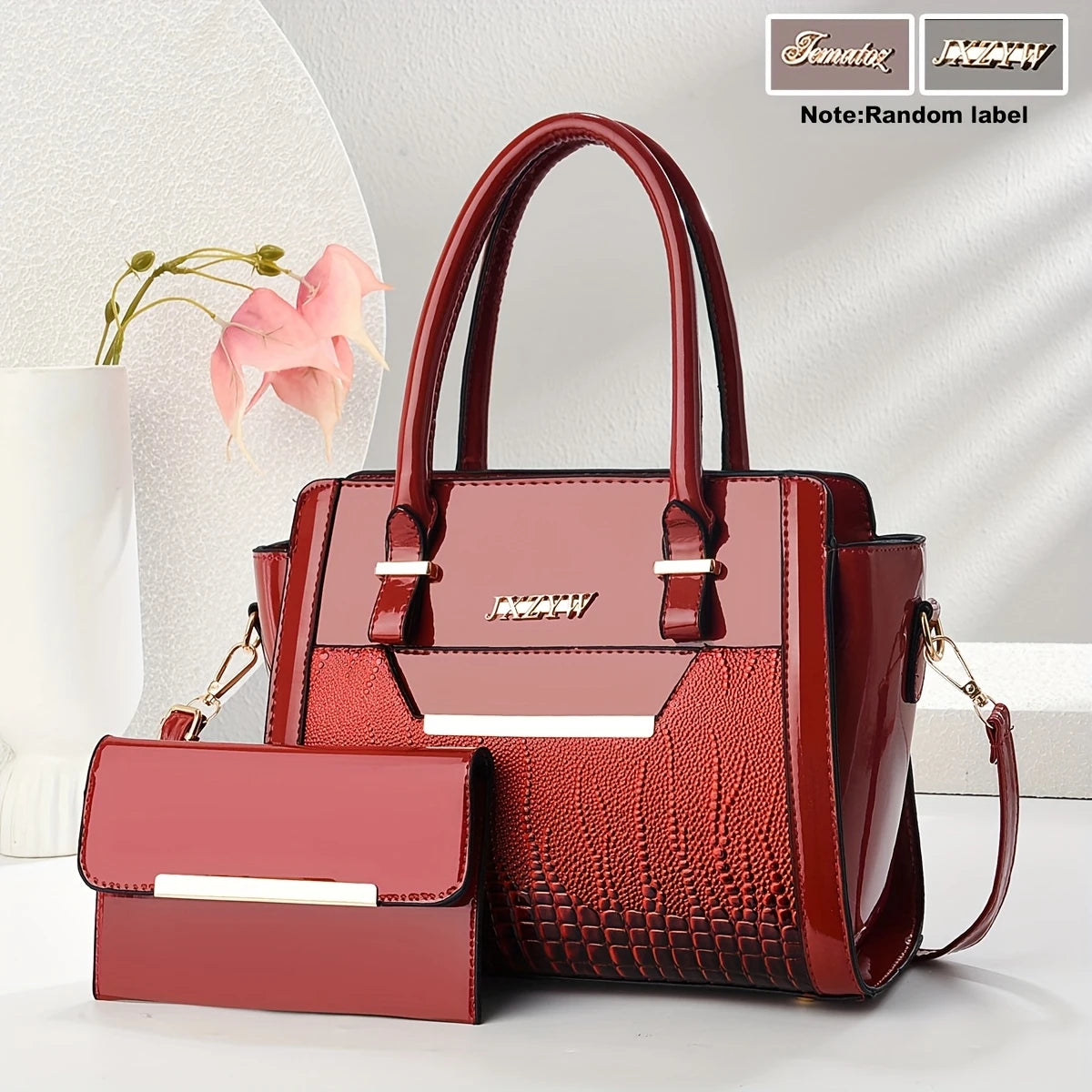 2pcs Set Large Capacity Fashionable Women’s Handbags – Solid Color Tote with Zipper Closure, Polyester Lined, Painted Edges – Versatile for Casual and Commute Use – Available in Red, Black, Earthy Yellow, Coffee, Dark Brown