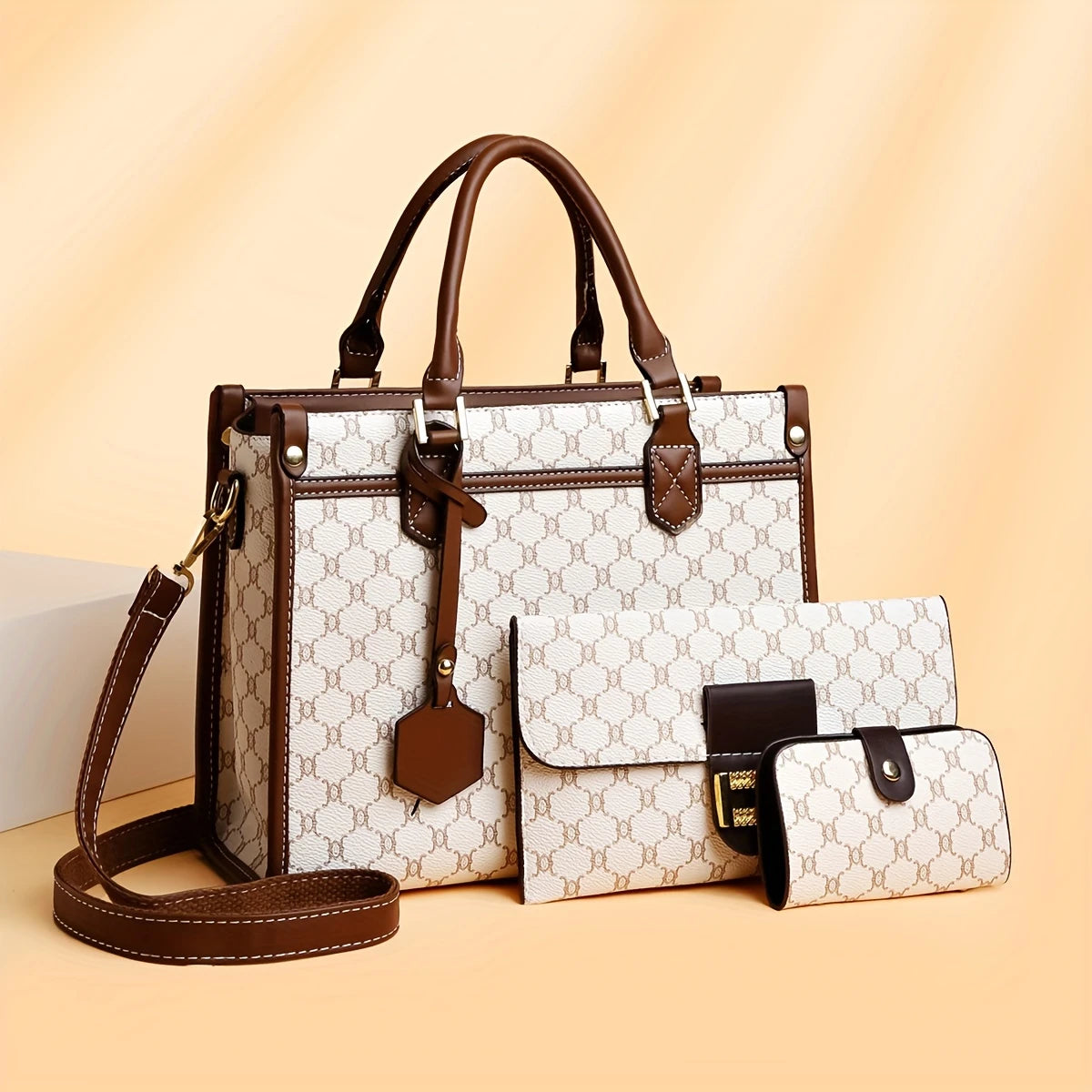 Women's Fashion Elegant Tote Bag Set with Clutch and Card Holder, Geometric Pattern, Faux Leather, Zippered Closure, Polyester Lined, Random Print, Edge Painted - Occasion Ready