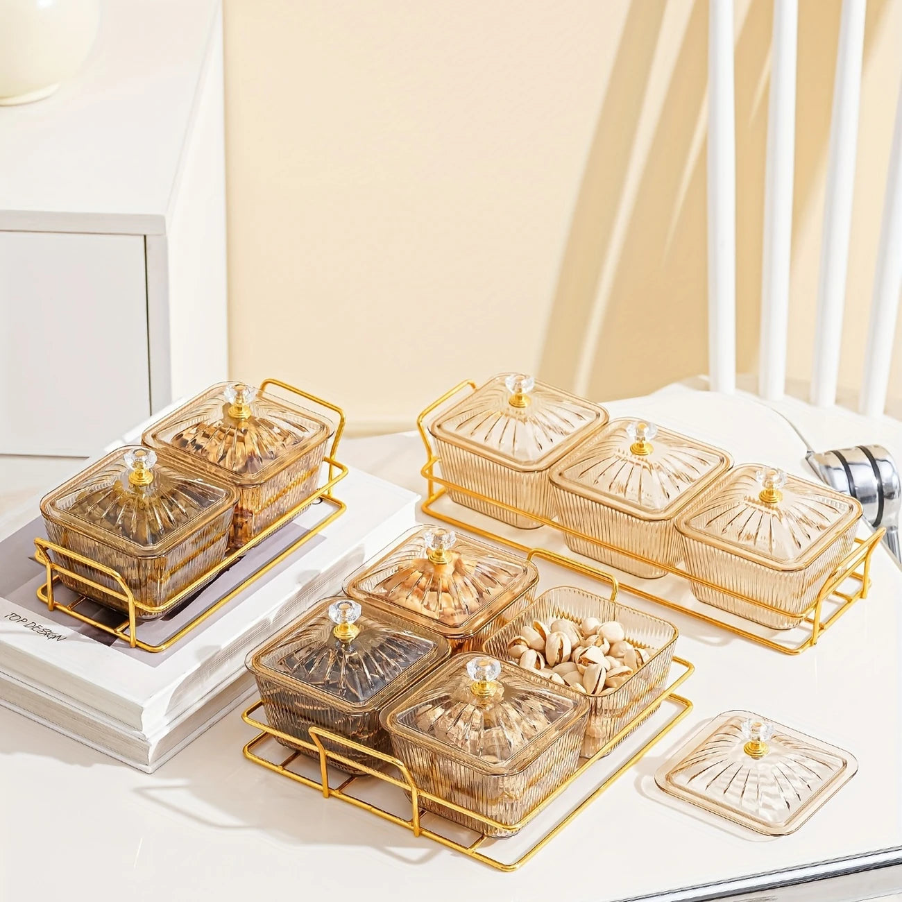 Luxurious Amber Golden-Trimmed Snack Serving Set - 30.48cm Plastic Dried Fruit & Nut Bowls for Weddings, Birthdays, Graduations, and Festivals, Beaded Decorations, Small Food Dishes