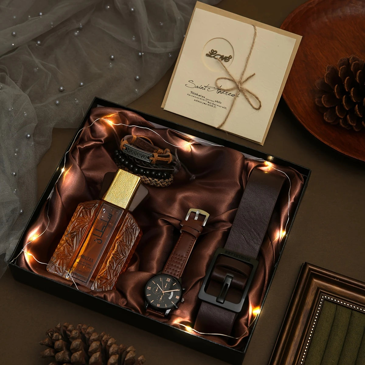 8pcs Men's watch wallet gift box set, 3pcs bracelet set, fashionable watch, perfume, belt, greeting card, ambient light string Men's gift set, fashionable business travel wear