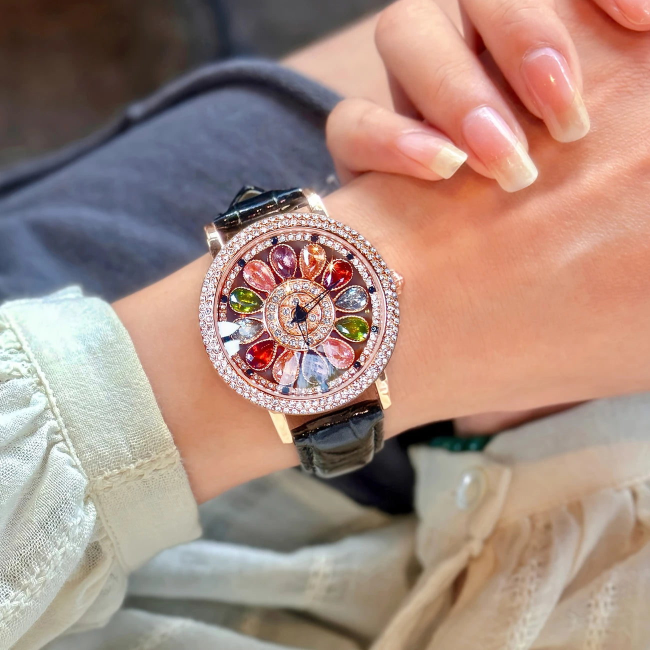 Fashionable Quartz Wrist Watch for Women with Colorful Rhinestone Embellishments, Rotating Dial, Alloy Case, and Durable PU Leather Strap