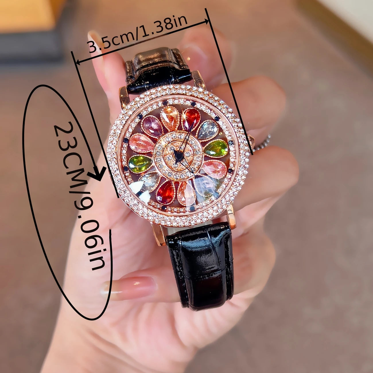Fashionable Quartz Wrist Watch for Women with Colorful Rhinestone Embellishments, Rotating Dial, Alloy Case, and Durable PU Leather Strap