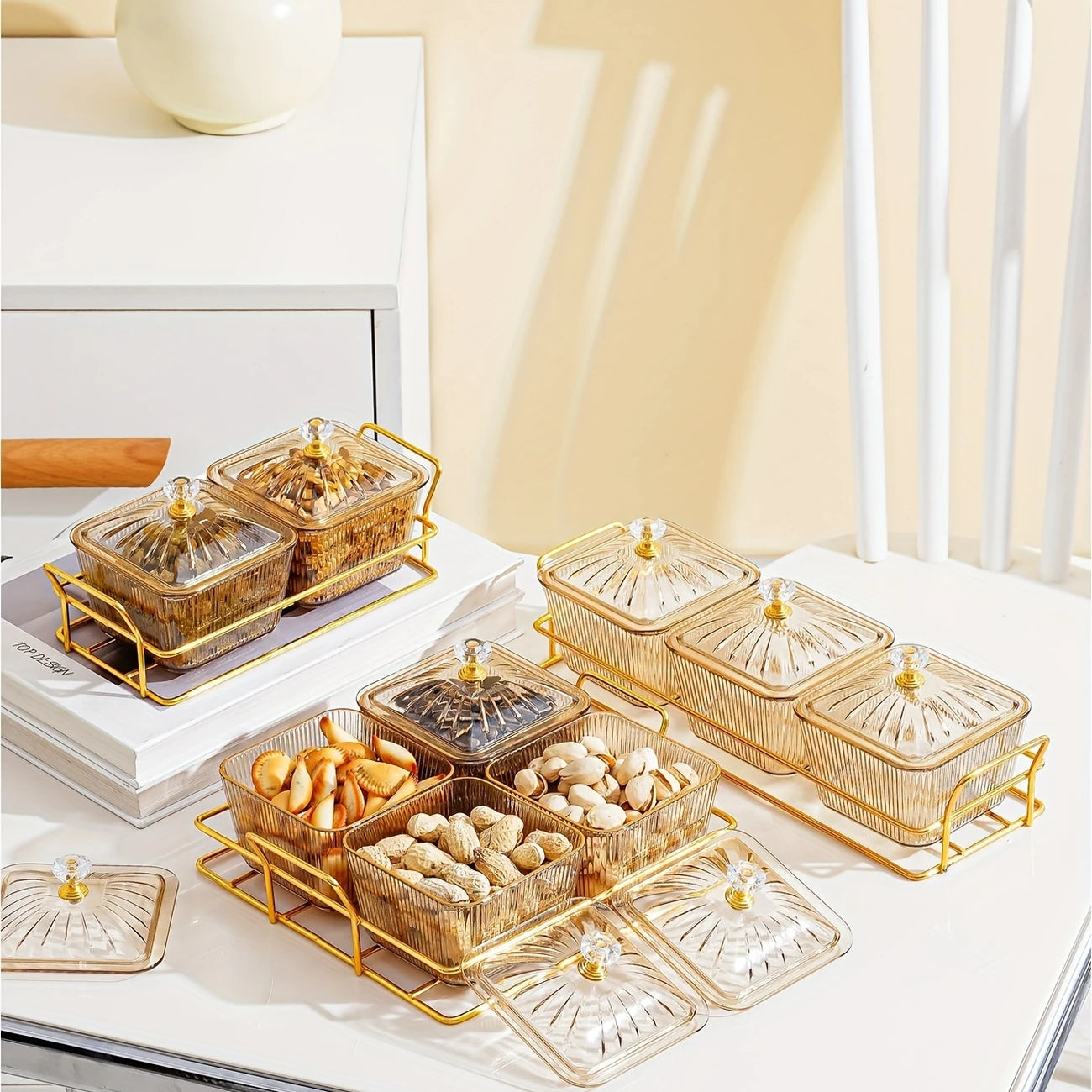 Luxurious Amber Golden-Trimmed Snack Serving Set - 30.48cm Plastic Dried Fruit & Nut Bowls for Weddings, Birthdays, Graduations, and Festivals, Beaded Decorations, Small Food Dishes