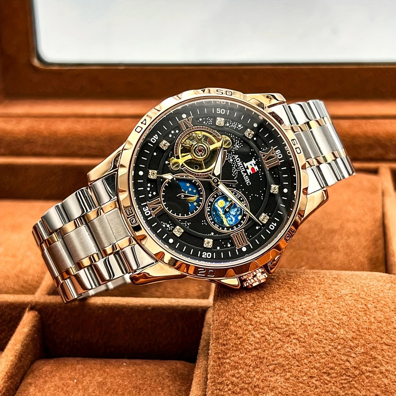 1pc Men's Luxury Automatic Mechanical Watch with Rose Golden Case, Starry Sky Luminous Dial & Stainless Steel Strap